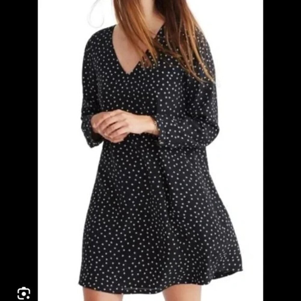 Madewell Star Print 100% Silk Long-Sleeved A-Line Dress Minimalist Black XXS